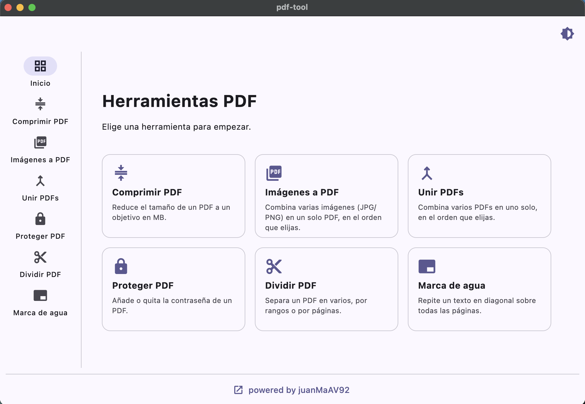Pantalla de inicio de PDF Tool con sus seis herramientas