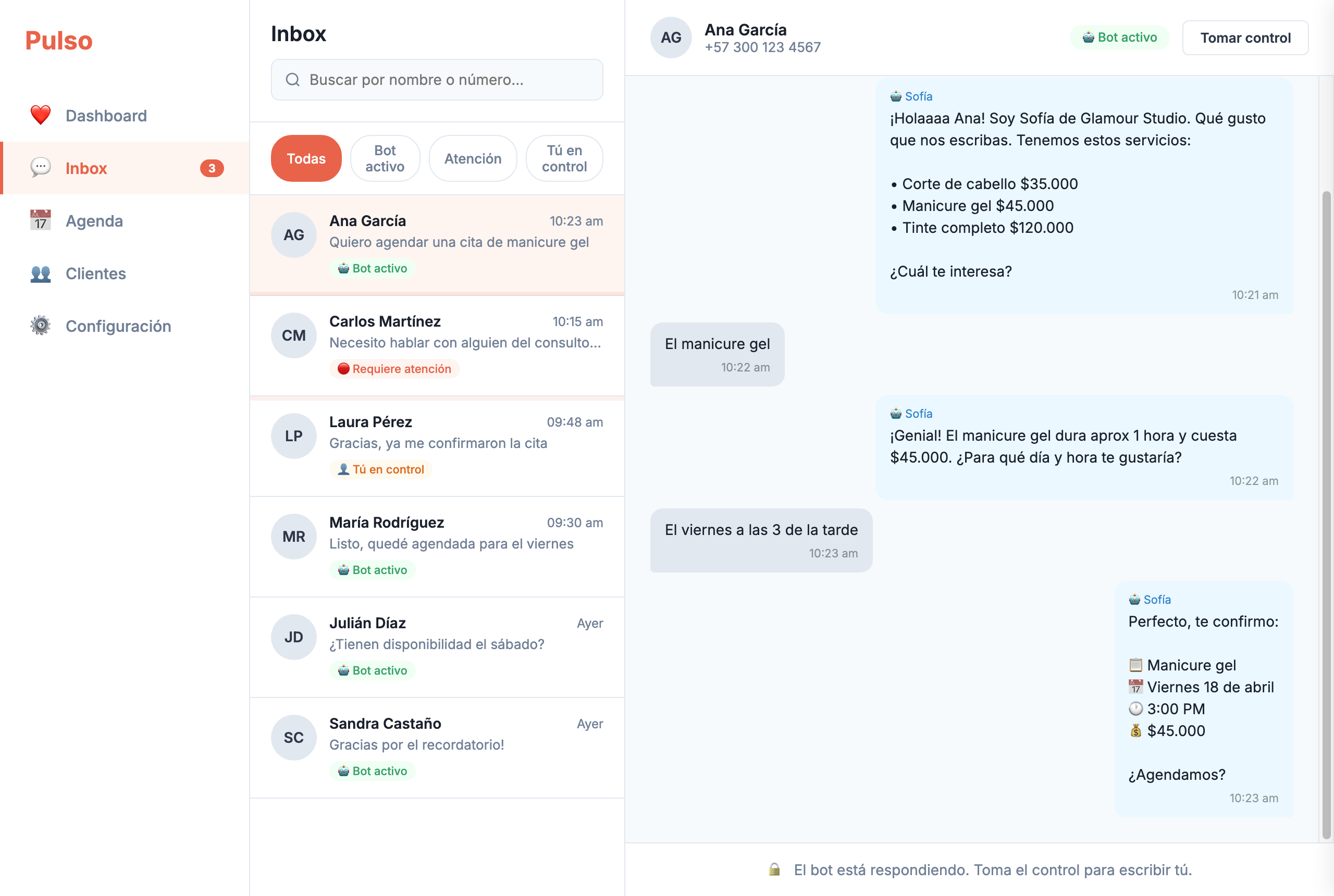 Pulso inbox: the bot books an appointment over WhatsApp
